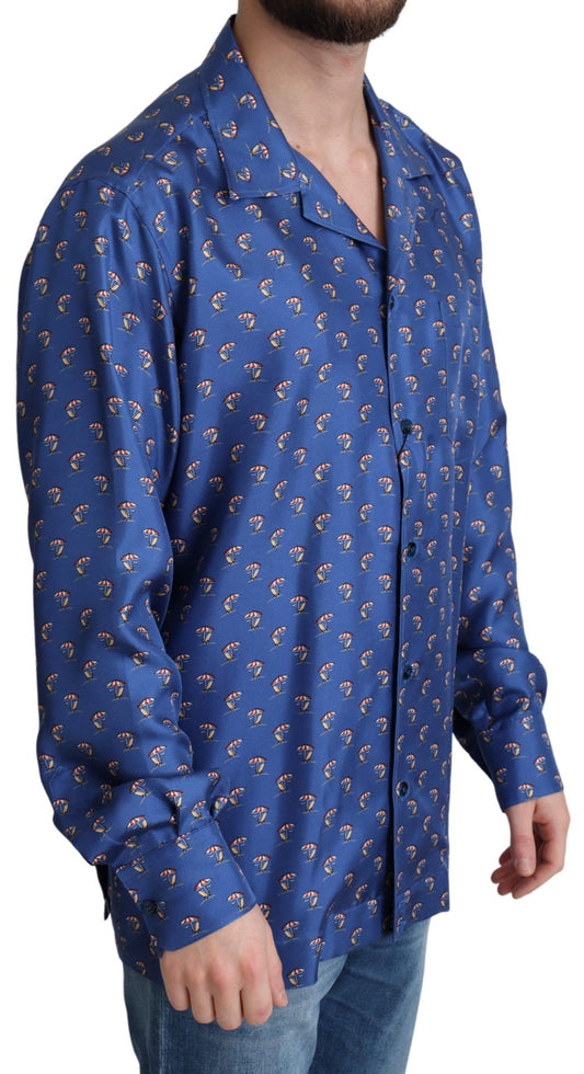 Camisa de seda con estampado de sombrilla y silla de playa azul de Dolce & Gabbana