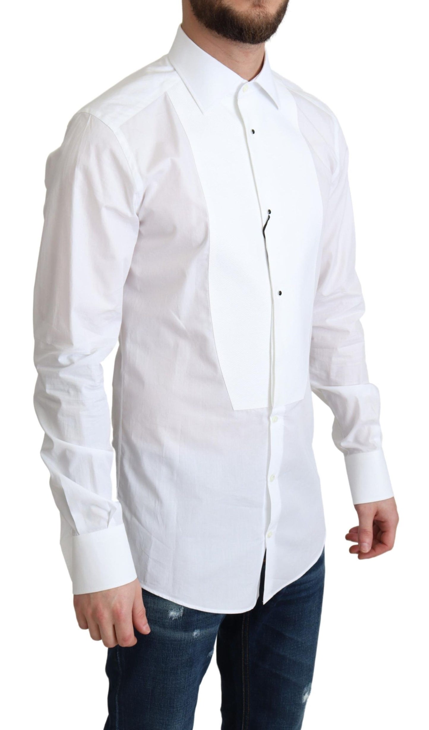 Camisa Formal de Hombre en Popelín de Algodón Blanco con Pechera de Dolce & Gabbana