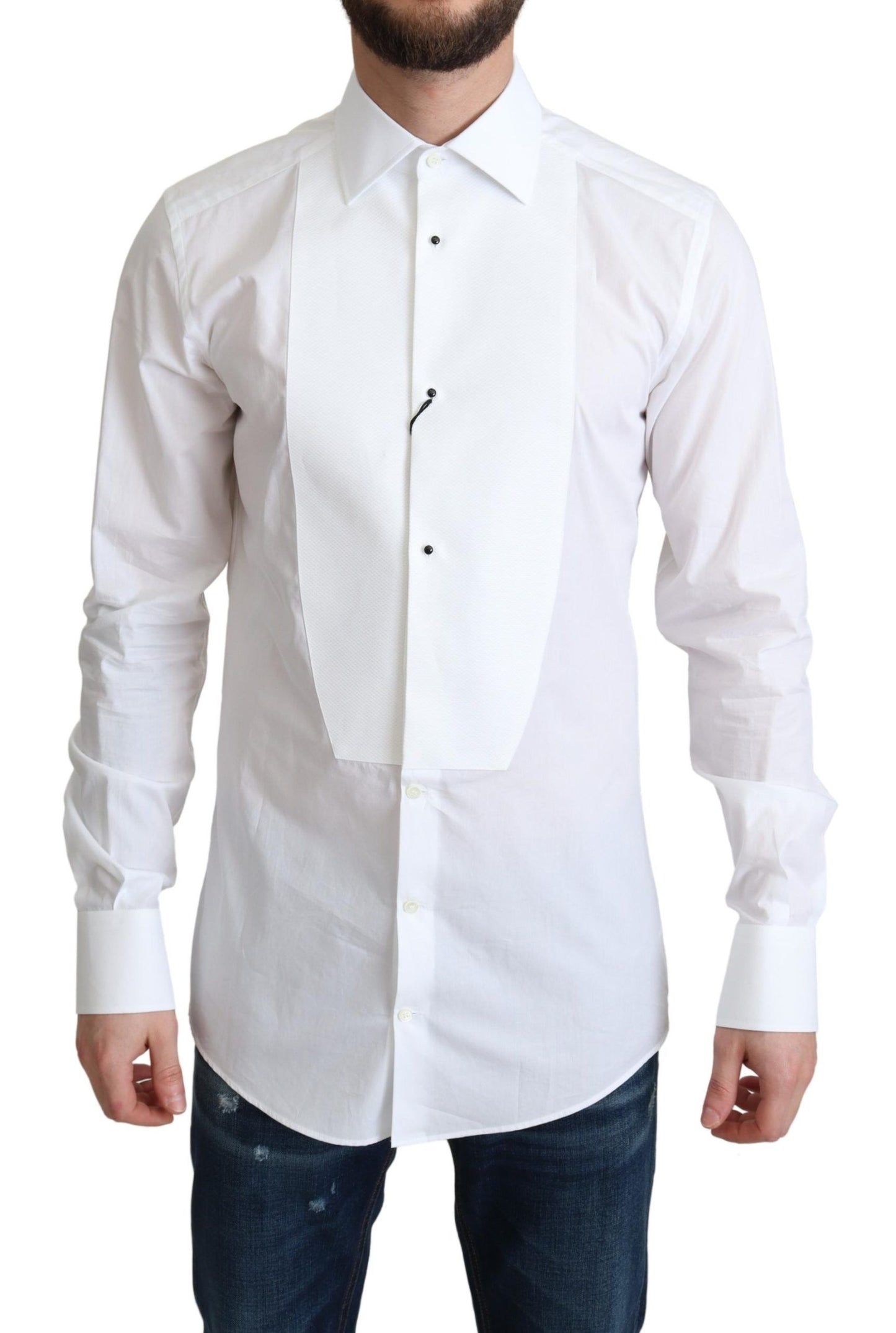 Camisa Formal de Hombre en Popelín de Algodón Blanco con Pechera de Dolce & Gabbana