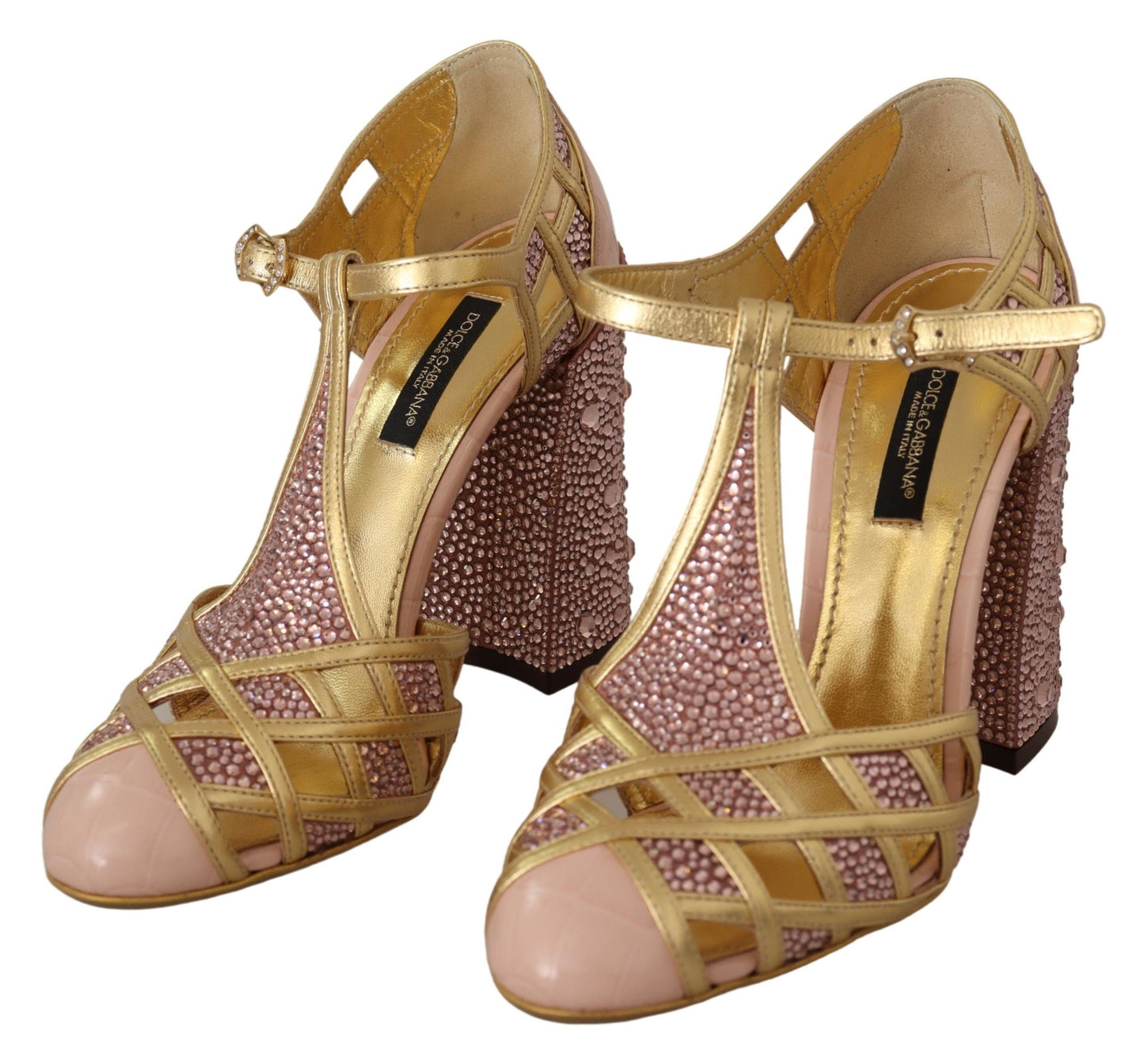 Zapatos de tacón de tiras en T de piel dorada rosa con cristales de Dolce & Gabbana