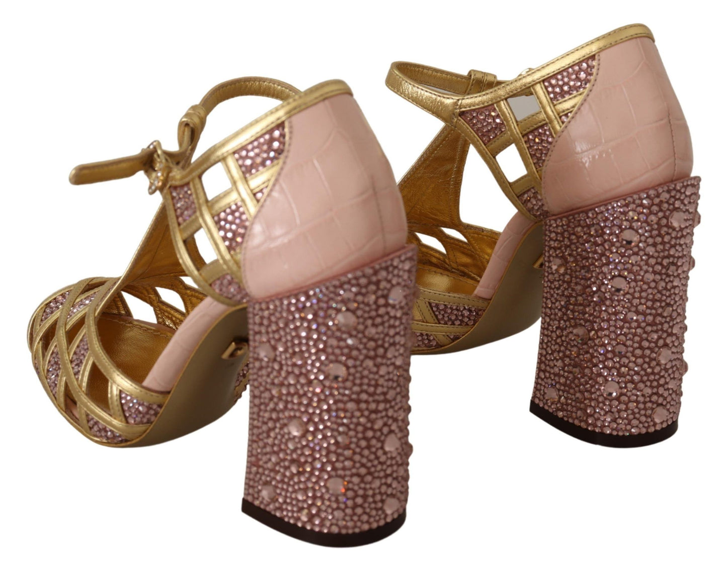 Zapatos de tacón de tiras en T de piel dorada rosa con cristales de Dolce & Gabbana