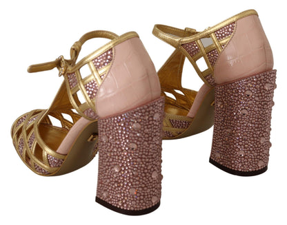 Zapatos de tacón de tiras en T de piel dorada rosa con cristales de Dolce & Gabbana