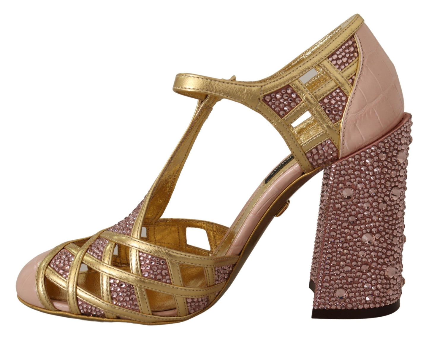Zapatos de tacón de tiras en T de piel dorada rosa con cristales de Dolce & Gabbana