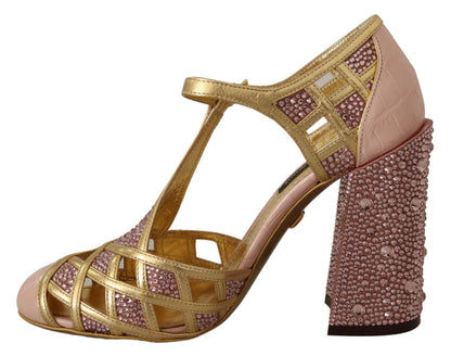 Zapatos de tacón de tiras en T de piel dorada rosa con cristales de Dolce & Gabbana