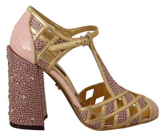 Zapatos de tacón de tiras en T de piel dorada rosa con cristales de Dolce & Gabbana
