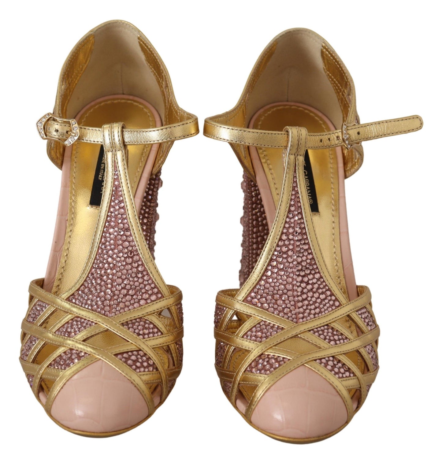 Zapatos de tacón de tiras en T de piel dorada rosa con cristales de Dolce & Gabbana