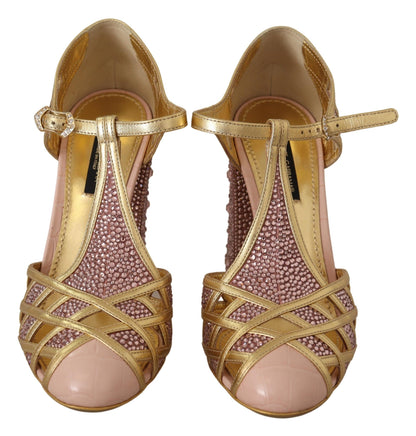 Zapatos de tacón de tiras en T de piel dorada rosa con cristales de Dolce & Gabbana