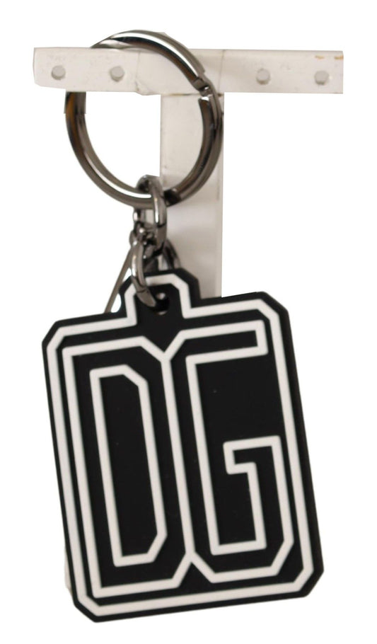 Llavero Dolce & Gabbana Negro Blanco con Logotipo DG de Goma y Anillo Plateado