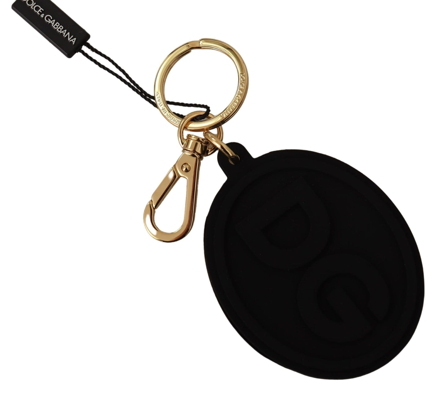 Llavero Dolce & Gabbana negro de caucho con logo DG de latón dorado