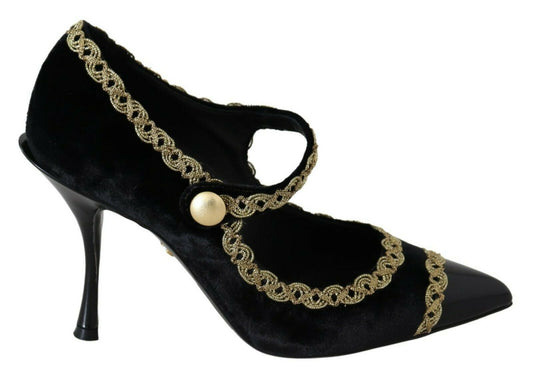 Zapatos de salón Dolce & Gabbana de terciopelo negro adornados tipo Mary Jane
