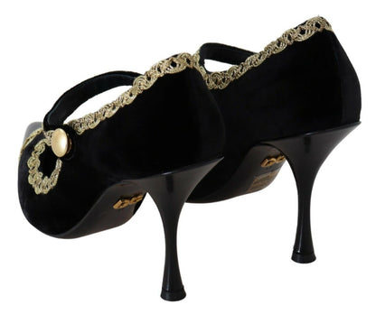 Zapatos de salón Dolce & Gabbana de terciopelo negro adornados tipo Mary Jane