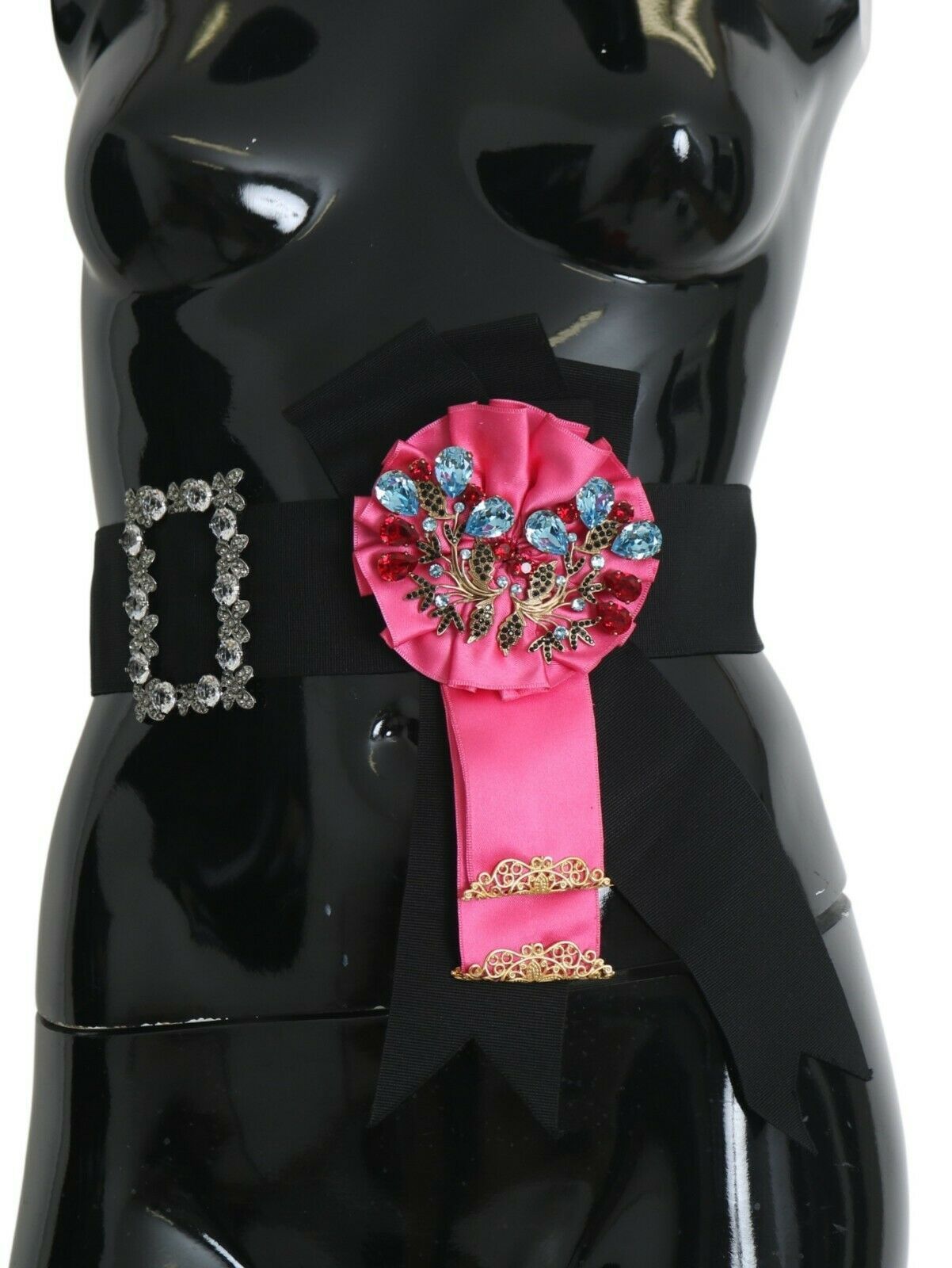 Cinturón Dolce & Gabbana de Algodón con Cristales y Broche de Flor Negra y Rosa