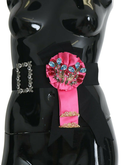 Cinturón Dolce & Gabbana de Algodón con Cristales y Broche de Flor Negra y Rosa