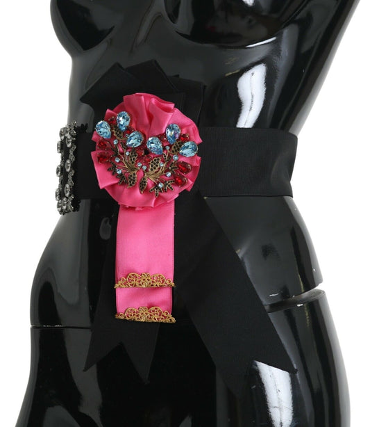 Cinturón Dolce & Gabbana de Algodón con Cristales y Broche de Flor Negra y Rosa