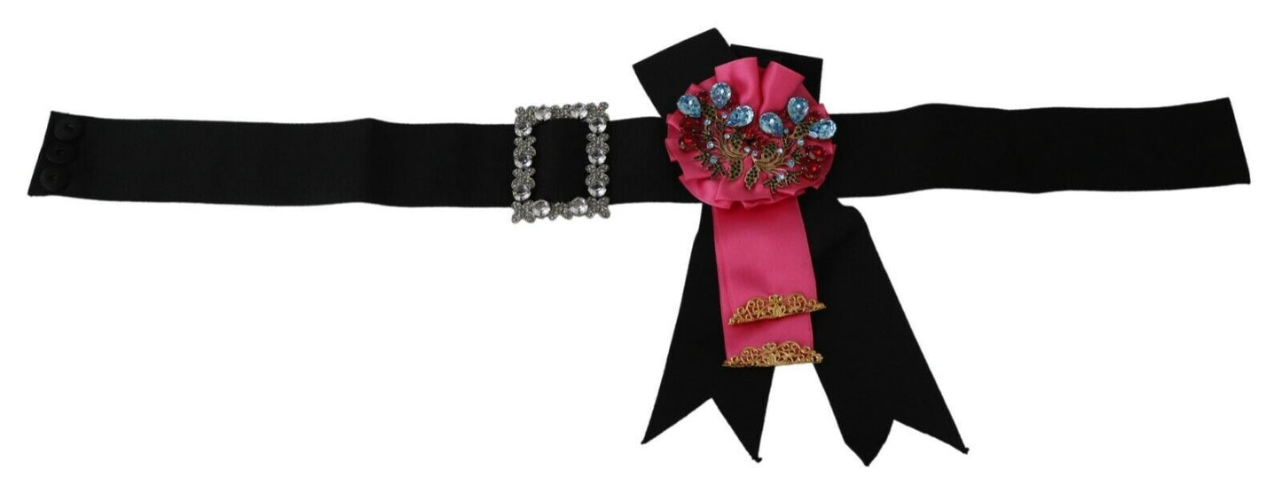 Cinturón Dolce & Gabbana de Algodón con Cristales y Broche de Flor Negra y Rosa