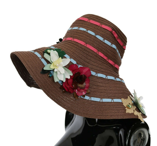 Sombrero floral de paja tejido marrón Dolce & Gabbana