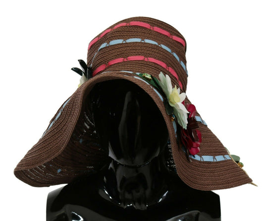 Sombrero floral de paja tejido marrón Dolce & Gabbana