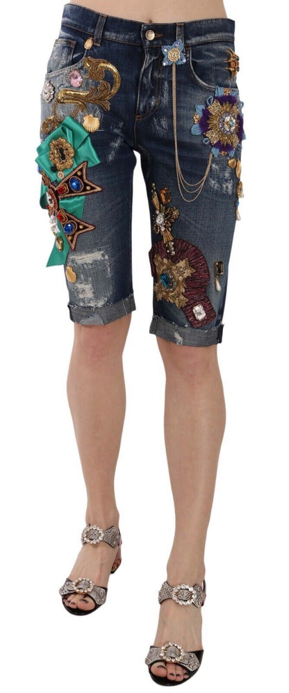 Pantalones Capri Cortos de Mezclilla Azul a Media Cintura con Cristales Dolce & Gabbana