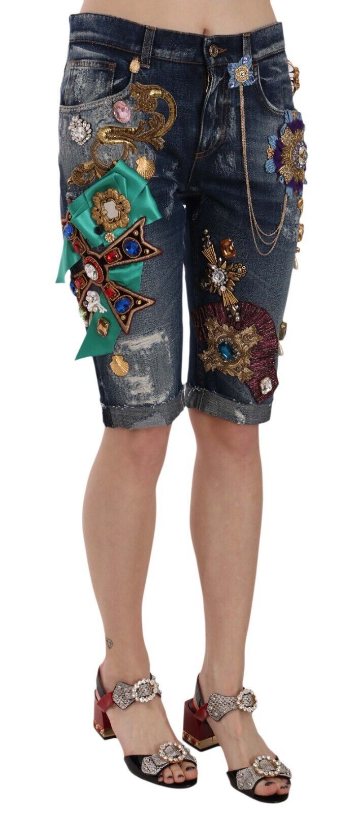 Pantalones Capri Cortos de Mezclilla Azul a Media Cintura con Cristales Dolce & Gabbana