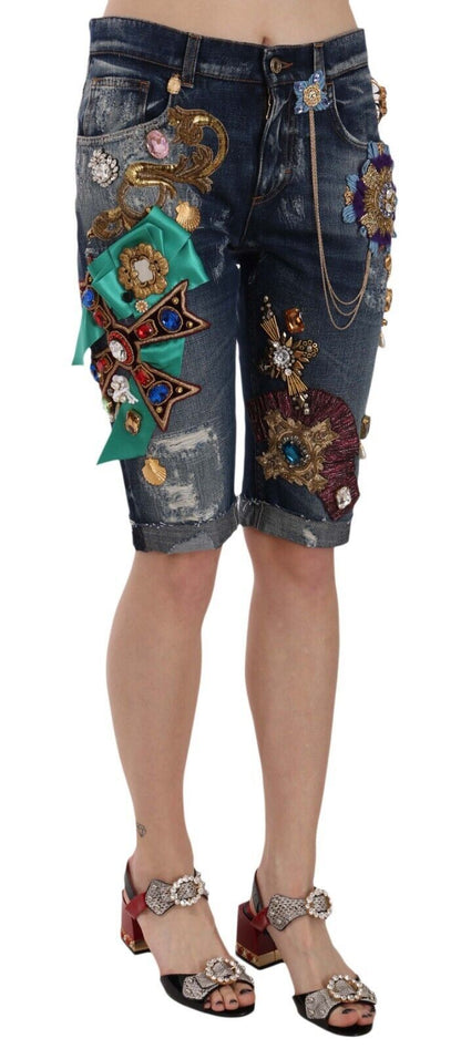 Pantalones Capri Cortos de Mezclilla Azul a Media Cintura con Cristales Dolce & Gabbana