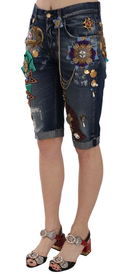 Pantalones Capri Cortos de Mezclilla Azul a Media Cintura con Cristales Dolce & Gabbana
