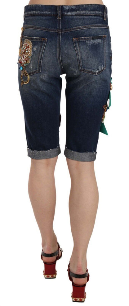 Pantalones Capri Cortos de Mezclilla Azul a Media Cintura con Cristales Dolce & Gabbana