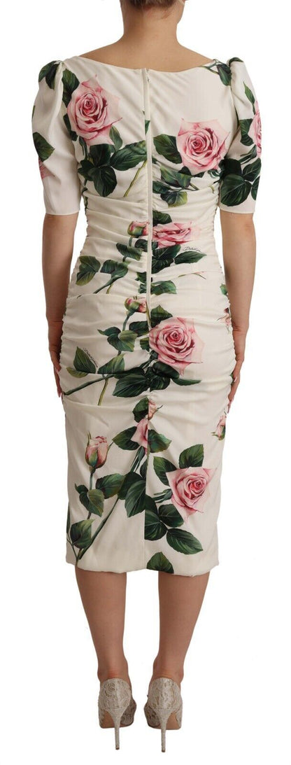Vestido plisado de seda elástica con estampado de rosas blancas de Dolce & Gabbana