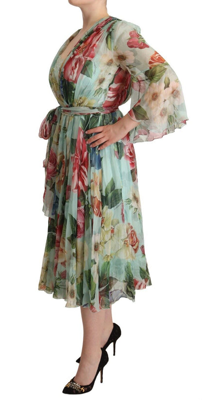 Vestido midi de manga larga con cuello de pico y estampado floral verde de Dolce & Gabbana