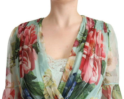Vestido midi de manga larga con cuello de pico y estampado floral verde de Dolce & Gabbana