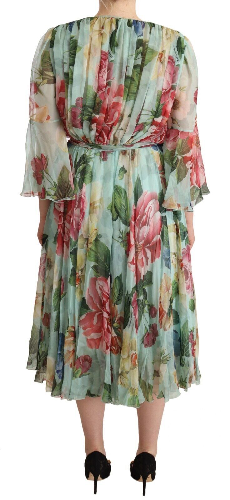 Vestido midi de manga larga con cuello de pico y estampado floral verde de Dolce & Gabbana