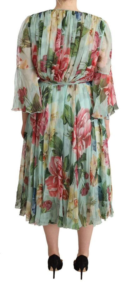Vestido midi de manga larga con cuello de pico y estampado floral verde de Dolce & Gabbana
