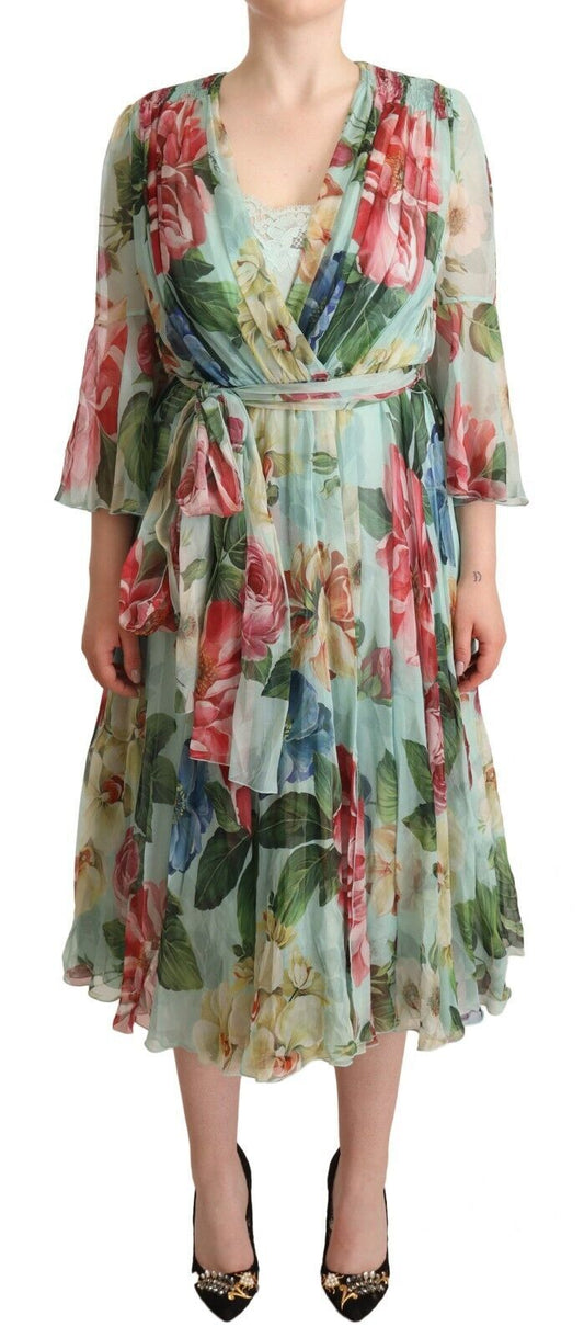 Vestido midi de manga larga con cuello de pico y estampado floral verde de Dolce & Gabbana