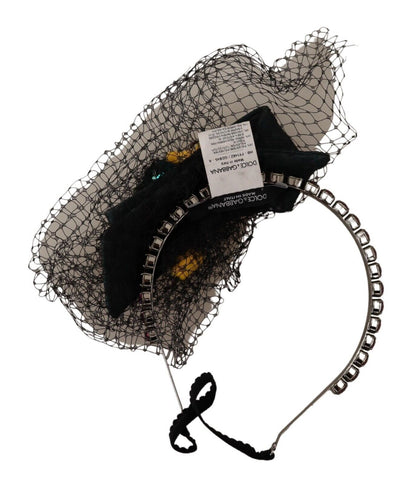 Diadema Dolce & Gabbana de malla negra con cristales y frutas plateadas