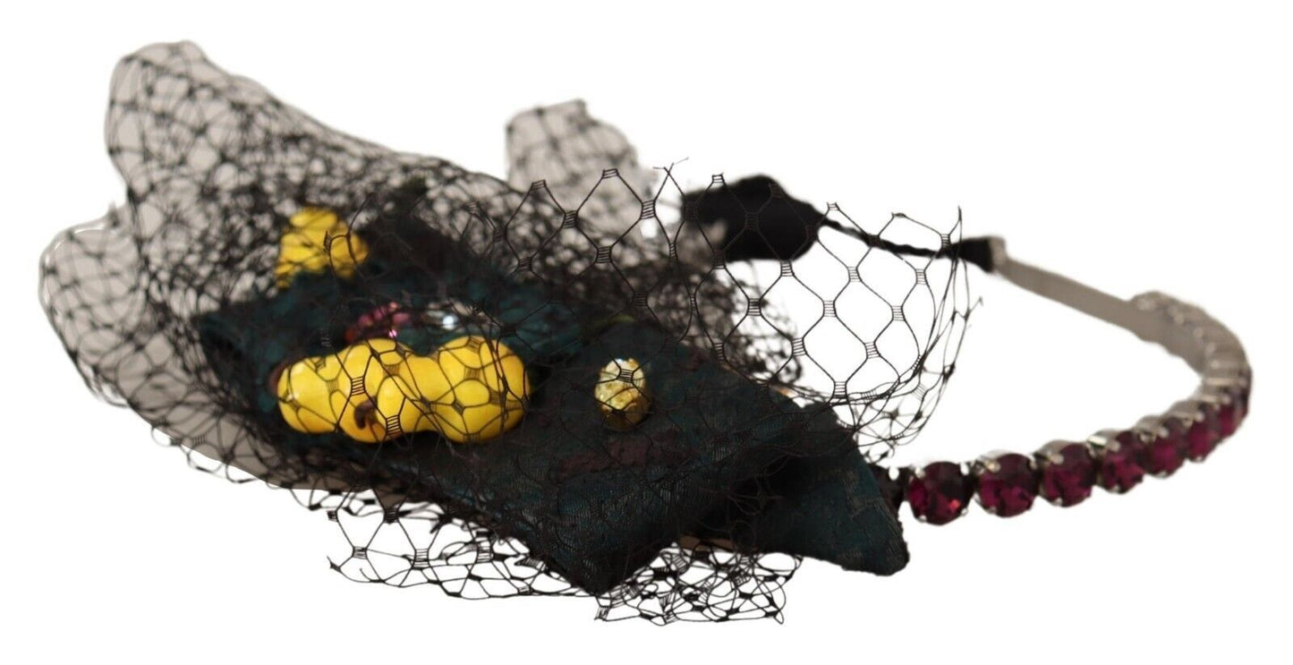 Diadema Dolce & Gabbana de malla negra con cristales y frutas plateadas