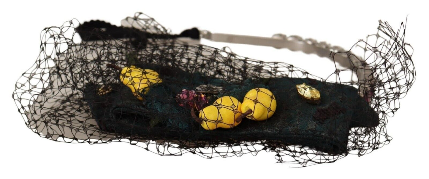 Diadema Dolce & Gabbana de malla negra con cristales y frutas plateadas