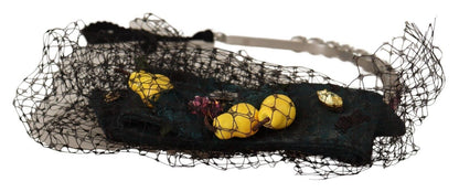 Diadema Dolce & Gabbana de malla negra con cristales y frutas plateadas