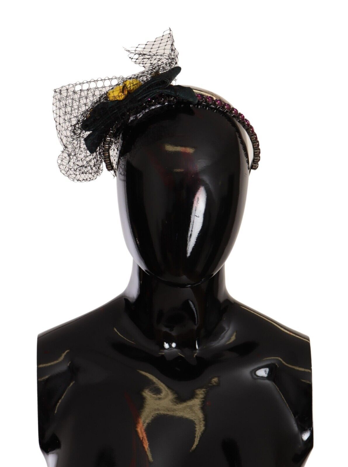 Diadema Dolce & Gabbana de malla negra con cristales y frutas plateadas