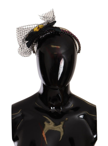 Diadema Dolce & Gabbana de malla negra con cristales y frutas plateadas