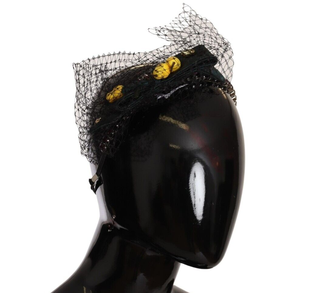 Diadema Dolce & Gabbana de malla negra con cristales y frutas plateadas