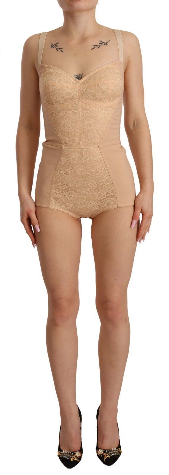 Dolce & Gabbana Body Ropa Interior de Nylon Beige con Encaje Floral