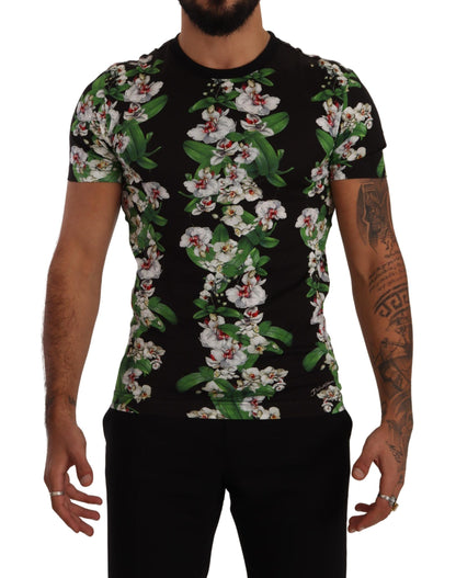 Camiseta de cuello redondo con estampado floral negra de Dolce & Gabbana