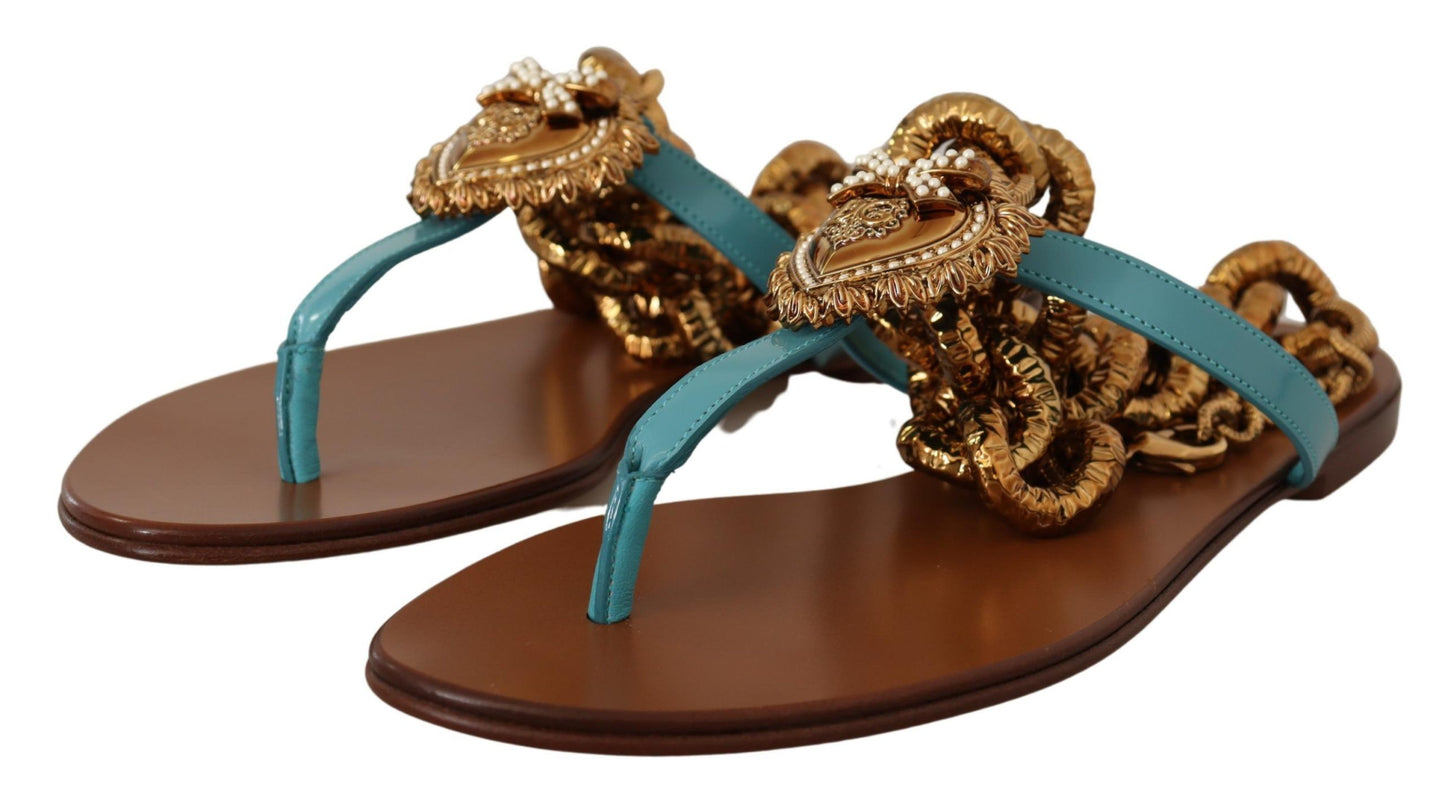 Sandalias planas Devotion de piel azul de Dolce & Gabbana