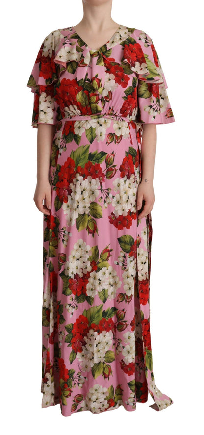 Vestido largo de seda elástica con estampado floral rosa de Dolce & Gabbana
