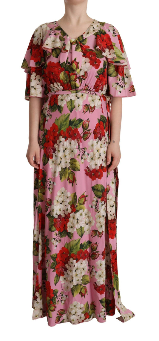 Vestido largo de seda elástica con estampado floral rosa de Dolce & Gabbana