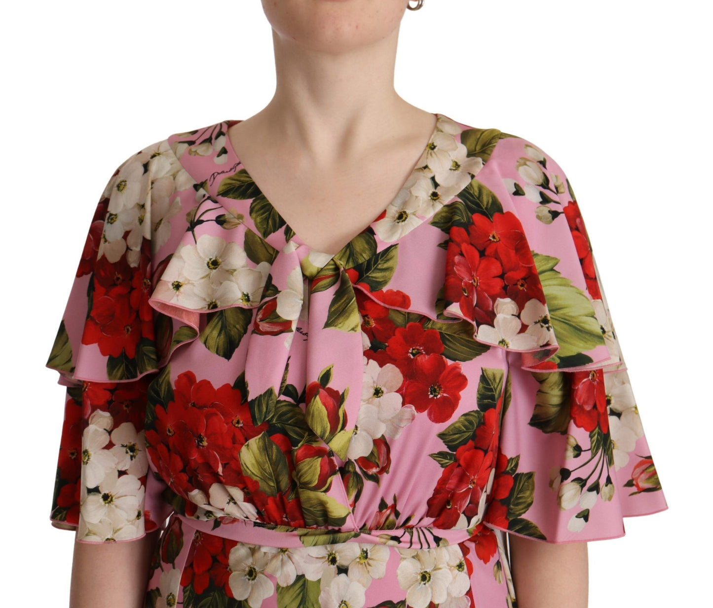 Vestido largo de seda elástica con estampado floral rosa de Dolce & Gabbana
