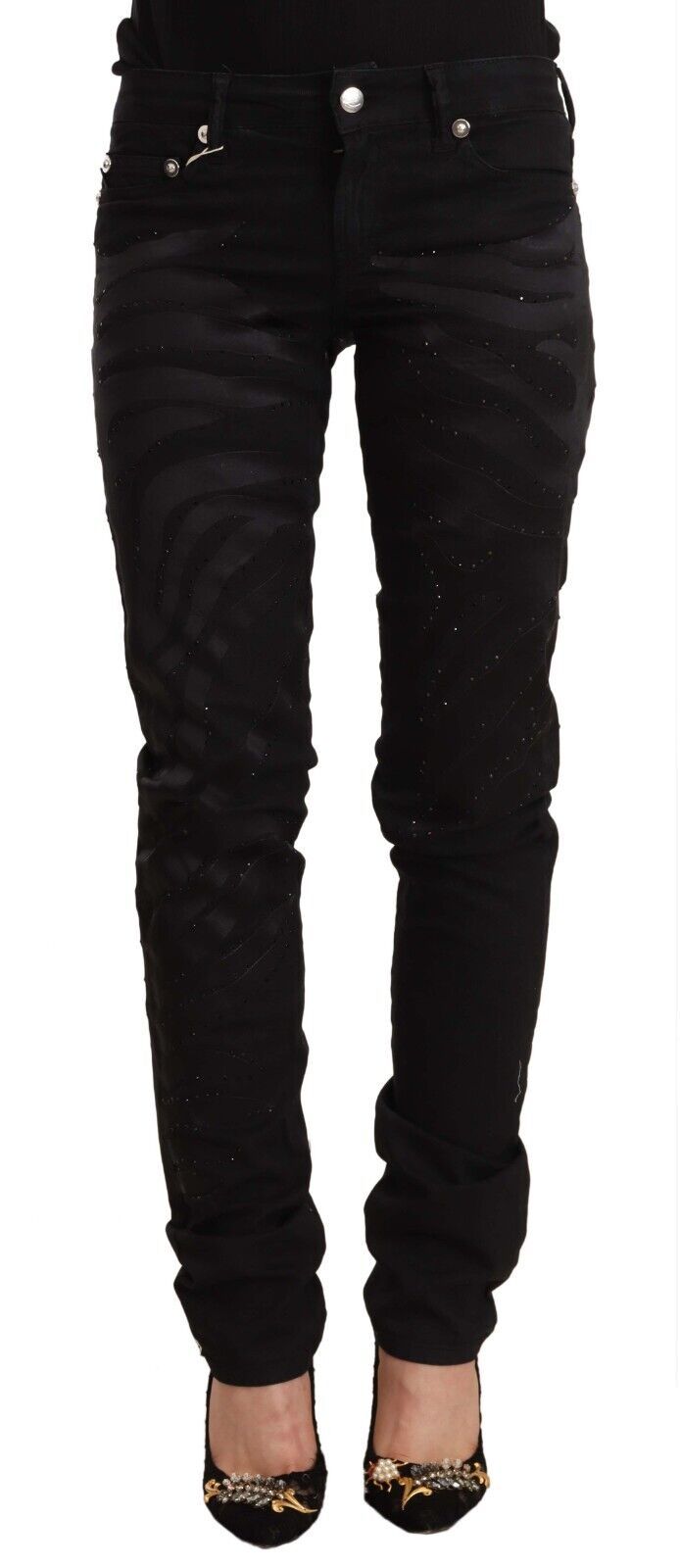 Just Cavalli Jeans pitillo negros de tiro medio adornados