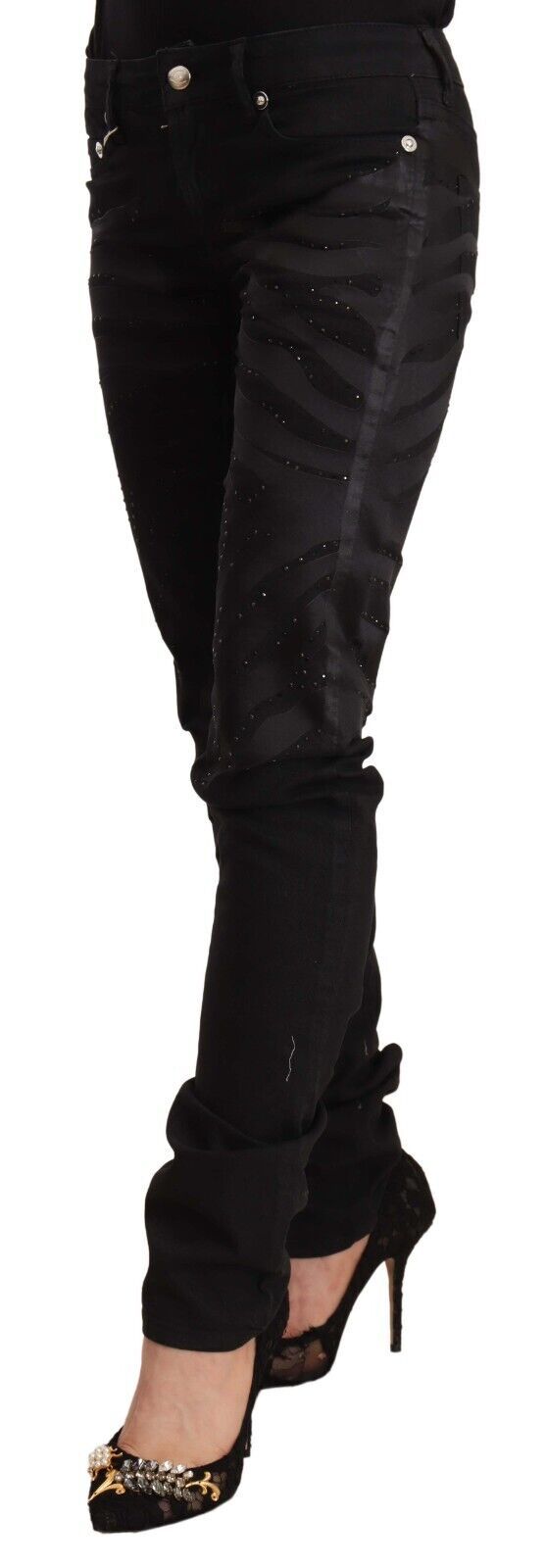 Just Cavalli Jeans pitillo negros de tiro medio adornados