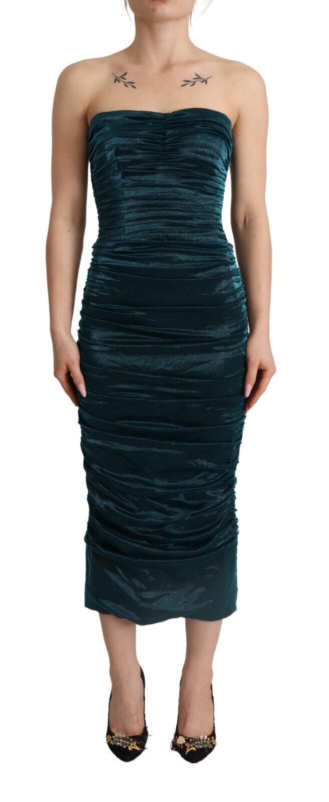 Vestido midi drapeado con corpiño palabra de honor de Dolce & Gabbana color turquesa