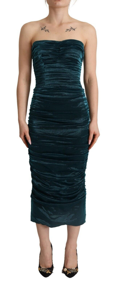 Vestido midi drapeado con corpiño palabra de honor de Dolce & Gabbana color turquesa
