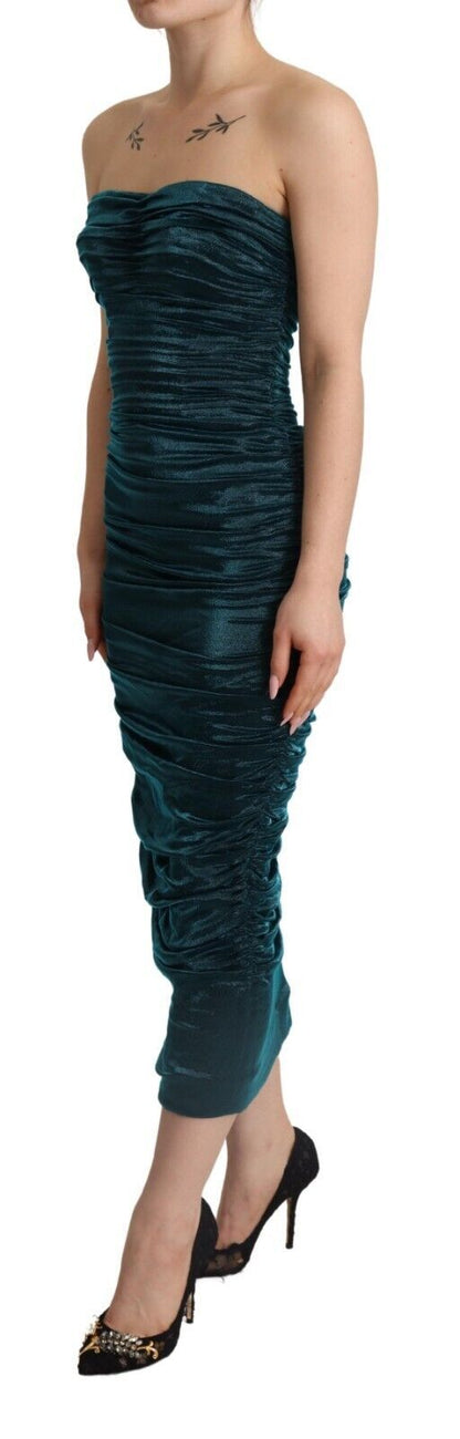 Vestido midi drapeado con corpiño palabra de honor de Dolce & Gabbana color turquesa